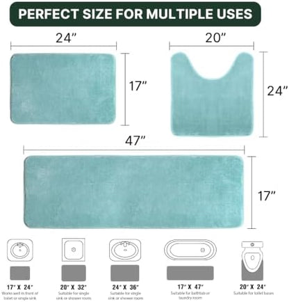 H.VERSAILTEX Bath Mat Memory Foam Set Bathroom Rug Set Flannel Velvety Extra Soft and Absorbent Non Slip Rugs for Bathroom/Bedroom Washable(47"x 17" + 17"x 24" + 20"x 24"U-Shaped, Eggshell Blue)