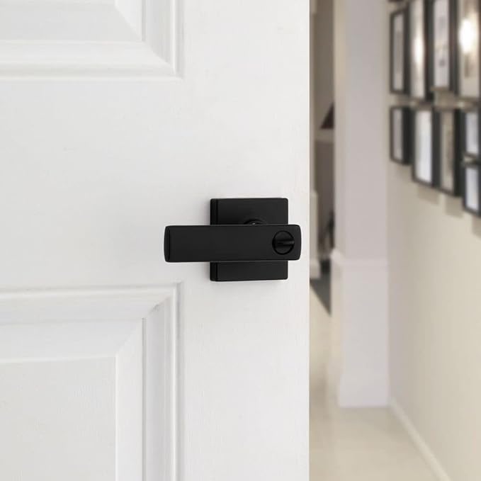 Kwikset Breton Interior Privacy Door Handle with Lock, Door Lever For Bathroom and Bedroom, Matte Black Reversible Keyless Turn Lock, with Microban Protection