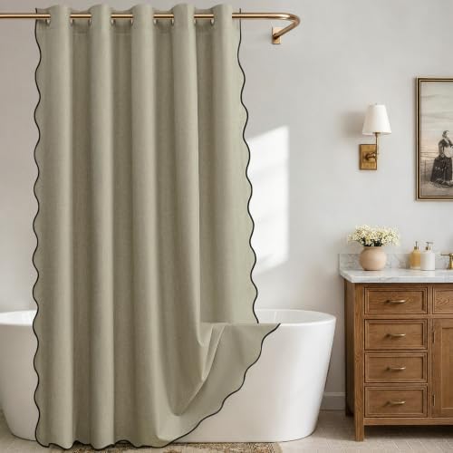 Furlinic No Hook Shower Curtain Scalloped Boho Taupe Linen Fabric 96 Inch
