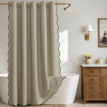 Furlinic No Hook Shower Curtain Scalloped Boho Taupe Linen Fabric 96 Inch