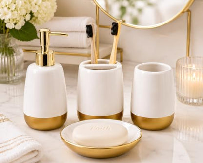 4-Piece Ceramic Bathroom Accessories Set, White and Gold Bathroom Set with Soap Dispenser, Toothbrush Holder, Tumbler and Soap Dish, Modern Vanity Countertop Decor