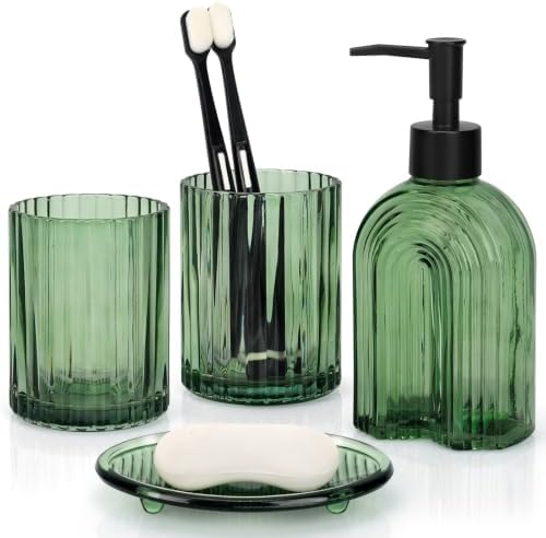 Bathroom Accessories Set, 4Pcs Glass Bathroom Accessories Set Complete, 11.6OZ Lotion Soap Dispenser, Toothbrush Holder, Mouthwash Cup, Soap Dish for Bathroom Decor, Countertop Organizer (Green)