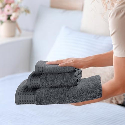 GLAMBURG Ultra Soft 3 Pack Cotton Towel Set, Contains a Bath Towel 28x55 inch, a Hand Towel 16x24 inch & a Wash Coth 12x12 inch, Ideal Everyday use, Compact & Lightweight - Charcoal Grey