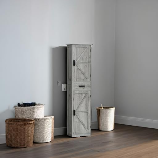 WEENFON Tall Bathroom Cabinet, Storage Cabinet with 6 Shelves & Drawer, Bathroom Storage Cabinet with Adjustable Shelves, Tall Cabinet for Living Room, Home Office, Grey