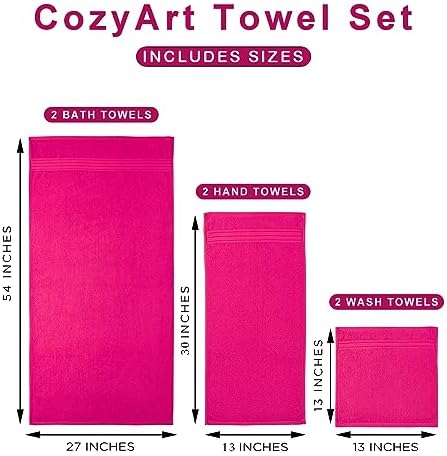 COZYART Luxury Bath Towel Set 6 Pcs, Hot Pink 100% Turkish Cotton 650 GSM