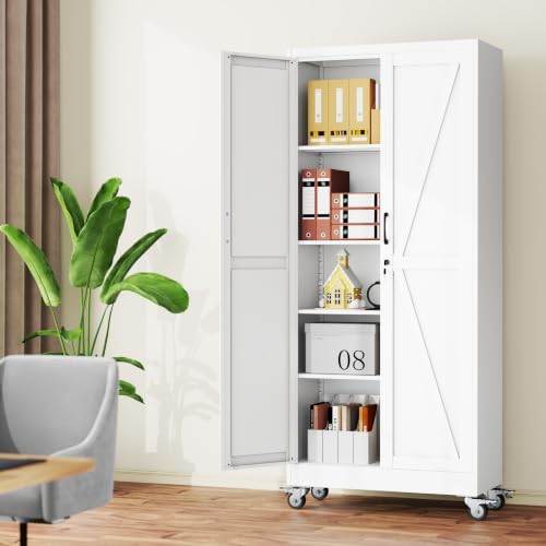 71" Metal Garage Storage Locker Cabinet with Wheels,Rolling White Farmhouse Kitchen Pantry Cabinet with 2 Doors and 4 Adjustable Shelves, Steel File Tool Cabinet for Home Office Warehouse
