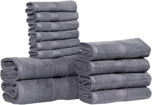 HILLFAIR Premium 100% Combed Cotton 12 Piece Bath Towels Set - Platinum
