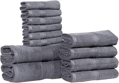 HILLFAIR Premium 100% Combed Cotton 12 Piece Bath Towels Set - Platinum