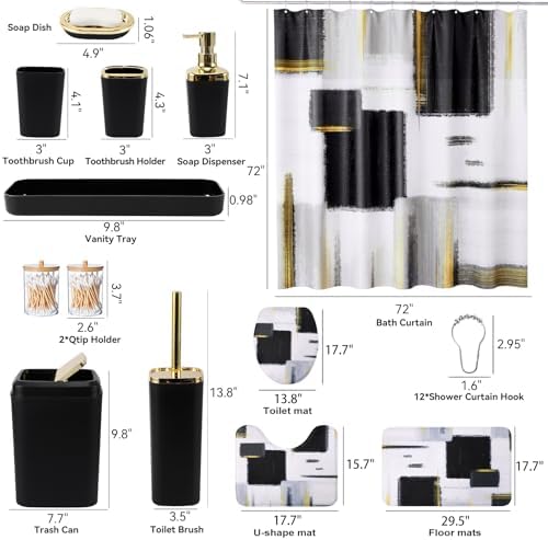 XLHOMO Bathroom Set - Black Bathroom Accessories Set, Bathroom Sets with Shower Curtain and Rugs, Black Shower Curtain Set with Bathroom Trash Can, Soap Dispenser, Soap Dish for Home Decor