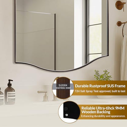 ANDY STAR 22"x30" Bronze Bathroom Mirror, Rectangle Scalloped Wall Mirror in Stainless Steel Metal Frame, Modern Brushed Bronze Finish with Curved Edge Design, Wall-Mount Mirror for Bathroom, Entryway