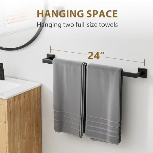 Luxbaro 24 Inch Matte Black Towel Bar, Square Base, Total Length 26-Inch