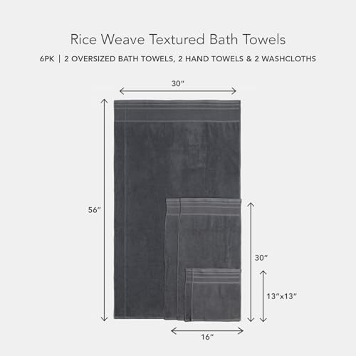 Texere 100% Organic Cotton Rice Weave Jacquard 700 GSM Luxury Bath Towel Sets - Ultra Soft and Absorbent Hotel Quality, 2 Large Bath Towels, 2 Hand Towels, 2 Washcloths (Rice Weave, Charcoal, 6 Piece)