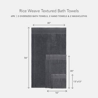 Texere 100% Organic Cotton Rice Weave Jacquard 700 GSM Luxury Bath Towel Sets - Ultra Soft and Absorbent Hotel Quality, 2 Large Bath Towels, 2 Hand Towels, 2 Washcloths (Rice Weave, Charcoal, 6 Piece)