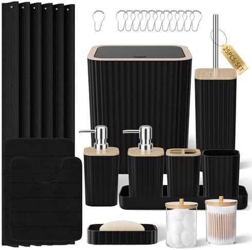 XLHOMO Bathroom Set - 25PC Black Bathroom Set with Shower Curtain and Rugs, Bathroom Accessories Set, Black Shower Curtain Set with Bathroom Trash Can