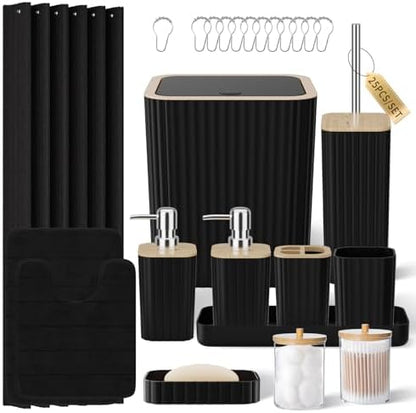XLHOMO Bathroom Set - 25PC Black Bathroom Set with Shower Curtain and Rugs, Bathroom Accessories Set, Black Shower Curtain Set with Bathroom Trash Can
