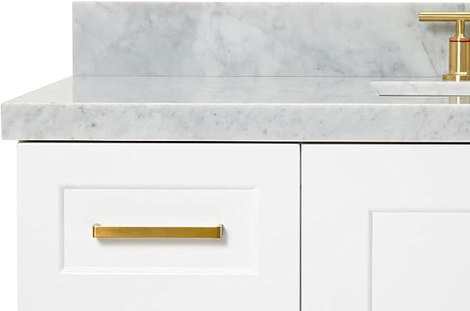 Emilia 48-Inch Bathroom Vanity with Sink — White Single Sink Bathroom Vanity, 1.5" Edge Italian Carrara Marble Top, Solid Wood, 2 Soft Closing Doors, 9 Dovetail Drawers