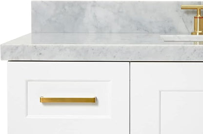 Emilia 48-Inch Bathroom Vanity with Sink — White Single Sink Bathroom Vanity, 1.5" Edge Italian Carrara Marble Top, Solid Wood, 2 Soft Closing Doors, 9 Dovetail Drawers