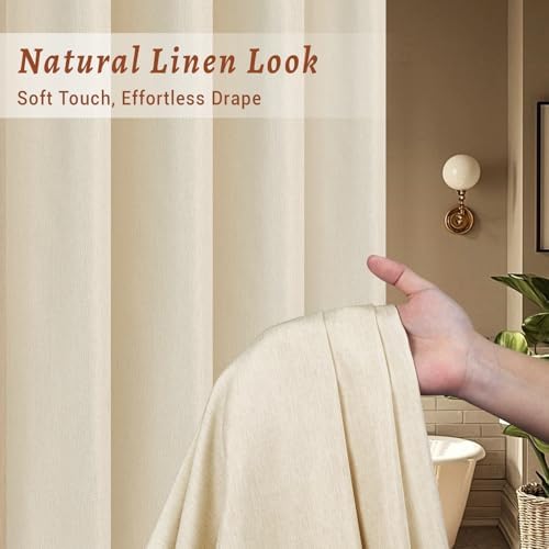 WONICY No Hook Linen Look Shower Curtain with Snap-in Liner, Cream, 71 x 80