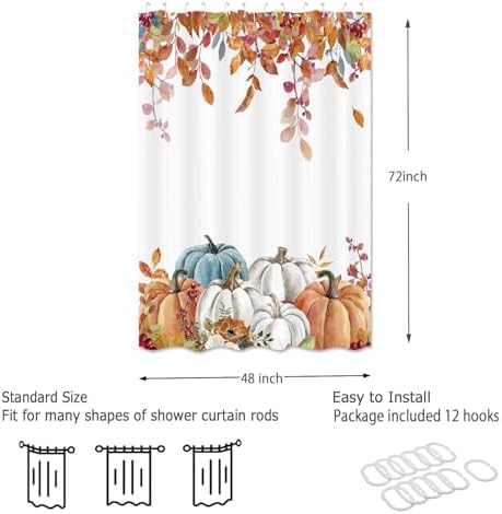 Fall Pumpkin Shower Curtain, Thanksgiving Autumn Maple Leaves Watercolor Floral Harvest Boho Bathroom Curtains with Hooks for Bathroom Bathtubs Decor, Waterproof Polyester Fabric 48x72