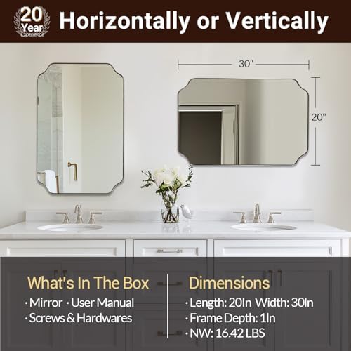 ANDY STAR 20x30 Inch Brushed Nickel Mirror, Silver Bathroom Mirror, Modern Rounded Notched Corner Mirror in Rustproof Stainless Steel Thin Frame, Compact Size Ideal for Small Bathroom Remodel