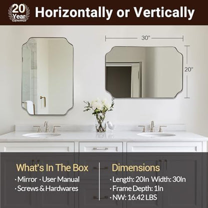 ANDY STAR 20x30 Inch Brushed Nickel Mirror, Silver Bathroom Mirror, Modern Rounded Notched Corner Mirror in Rustproof Stainless Steel Thin Frame, Compact Size Ideal for Small Bathroom Remodel