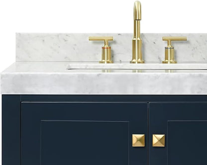 ARIEL Cambridge 72-inch Bathroom Vanity with Sink,Solid Wood, 2-inch Italian Carrara Marble Countertop, Double Rectangular Porcelain Sink, 4 Soft Closing Doors, 6 Dovetail Drawers, Midnight Blue