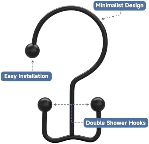 Titanker Shower Curtain Hooks Rings, Rust Resistant Metal Minimalist Simple Double Glide Shower Hooks Rings for Bathroom Shower Rods Curtains, Set of 12 Hooks - Black