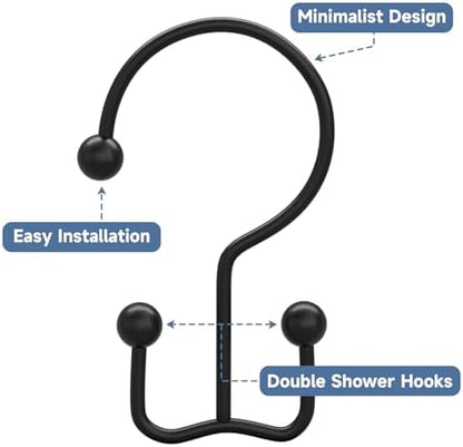 Titanker Shower Curtain Hooks Rings, Rust Resistant Metal Minimalist Simple Double Glide Shower Hooks Rings for Bathroom Shower Rods Curtains, Set of 12 Hooks - Black