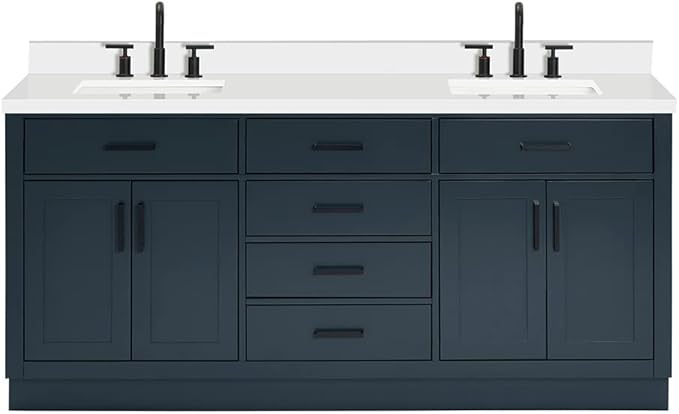 ARIEL Hepburn 72-inch Bathroom Vanity with Sink,Solid Wood, 1.5-inch Pure White Quartz Countertop, Double Rectangular Porcelain Sink, 4 Soft Closing Doors, 6 Dovetail Drawers, Midnight Blue