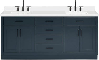 ARIEL Hepburn 72-inch Bathroom Vanity with Sink,Solid Wood, 1.5-inch Pure White Quartz Countertop, Double Rectangular Porcelain Sink, 4 Soft Closing Doors, 6 Dovetail Drawers, Midnight Blue