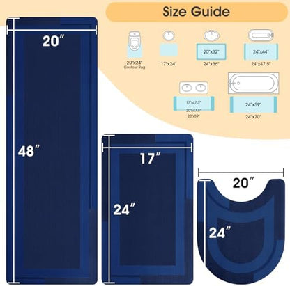 ACCUMTEK Non Slip Bath Mat, Thin Bathroom Rugs Fit Under Door, Quick Dry Bath Mats, Machine Washable Bath Rugs for Bathroom, Bathtub & Kitchen, Bathtub,Dark Blue/Bordered/3 Piece
