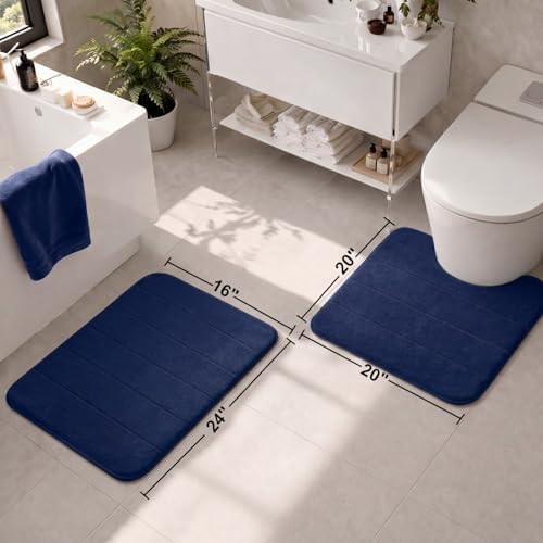 2 Piece Memory Foam Bath Mat Set, Extra Soft Absorbent Bathroom Rugs with U-Shaped Toilet Rug, Non-Slip Backing, Machine Washable, 24x16 + 20x20 U-Shaped, Navy Blue