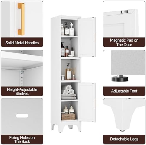 67" Tall Bathroom Storage Cabinet, Narrow Freestanding Bathroom Cabinet with 2 Doors & Adjustable Shelves, Slim Vertical Organizer for Bathroom, Entryway, Kitchen,Living Room（White）
