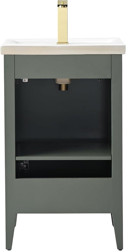 HOMEBEYOND 20" Bathroom Vanity with Ceramic Sink, Solid Wood Free-Standing Vanities Cabinet, Ceramic Top, Golden Brushed Hardware & Soft Closing Door, Vintage Green