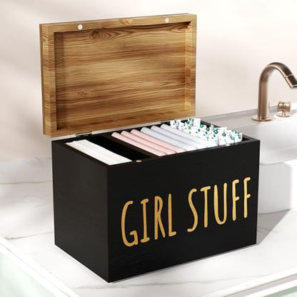 Wooden Tampon Holder, Matte Black, Hinged Lid Organizer