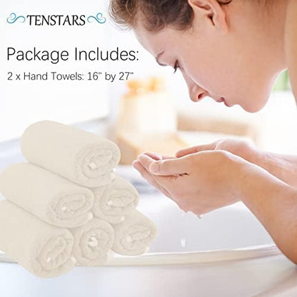 TENSTARS Silk Hemming Hand Towels for Bathroom - Quick Drying - Ultra Soft Microfiber Absorbent Towel for Bath Fitness, Gym, Shower, Hotel, and Spa - 16x28 Inch | Set of 6, Cream