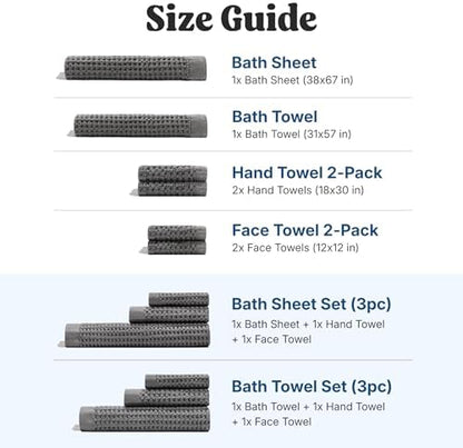 ONSEN Supima® Waffle Bath Towel Set, Quick Dry Lint Free 100% USA Cotton, Bath Hand and Face Towel Bundle, 3 Piece (Cinder Grey, Bath Towel Set)