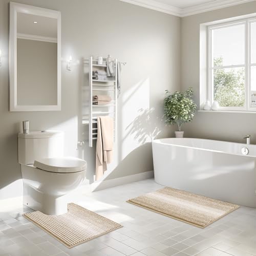 BSICPRO Bathroom Rugs Sets 2 Piece, 32"x20" + U-Shaped 24"x20", Beige