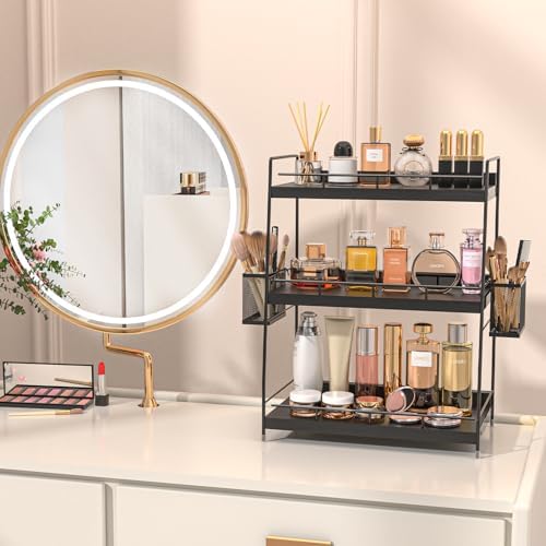 3 Tier Bathroom Counter Organizer with Side Baskets, Wooden Vanity Shelf