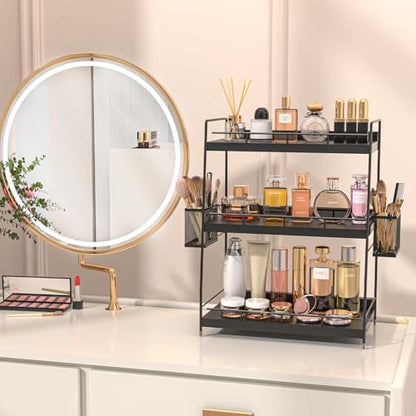 3 Tier Bathroom Counter Organizer with Side Baskets, Wooden Vanity Shelf