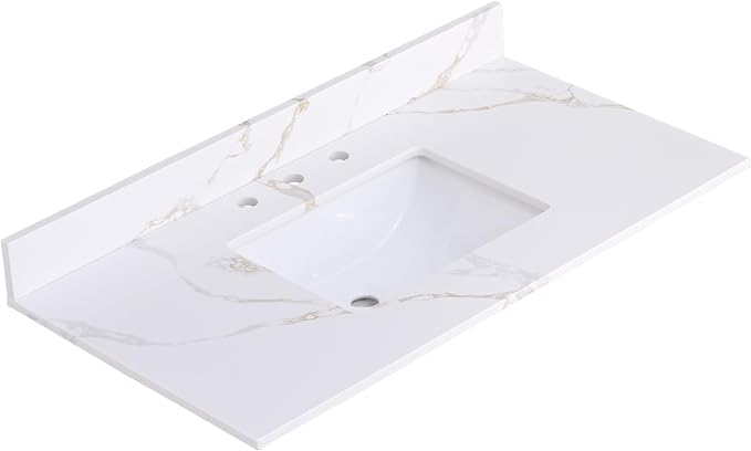 42x22 Vanity Top with Sink, Golden Calacatta Quartz Countertop with Middle Undermount Sink & Backsplash,8in. Faucet Hole Spacing Bathroom Vanity Sink Top