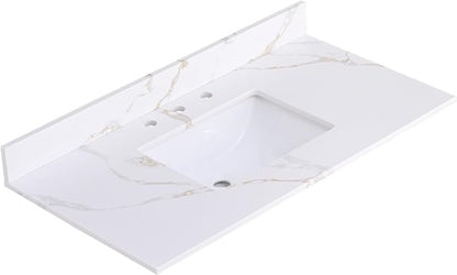 42x22 Vanity Top with Sink, Golden Calacatta Quartz Countertop with Middle Undermount Sink & Backsplash,8in. Faucet Hole Spacing Bathroom Vanity Sink Top