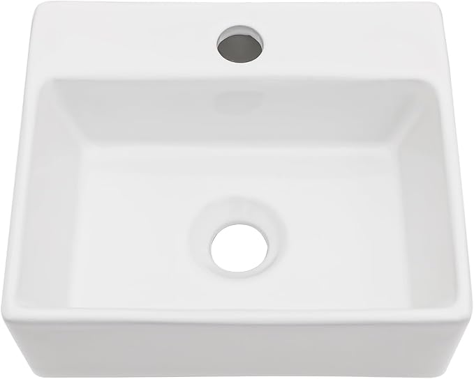 Wall Mount Hung Small Vessel Sink - Bathroom Corner Floating Sink Rectangle 13" x 11" Modern Bathroom White Porcelain Ceramic Vessel Vanity Sink with Faucet Hole
