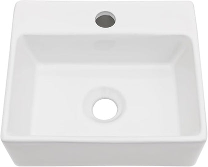 Wall Mount Hung Small Vessel Sink - Bathroom Corner Floating Sink Rectangle 13" x 11" Modern Bathroom White Porcelain Ceramic Vessel Vanity Sink with Faucet Hole