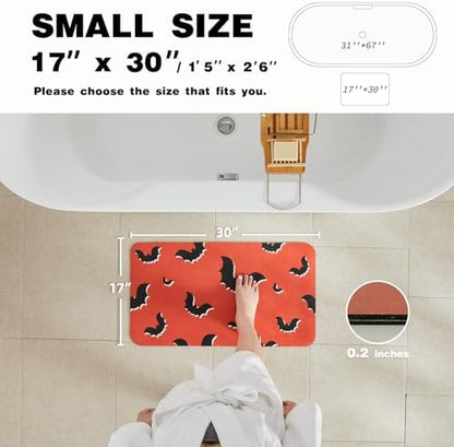 TYUU Thin Halloween Bath Mat, Non-Slip Washable, 17x30 Orange Gothic Bats