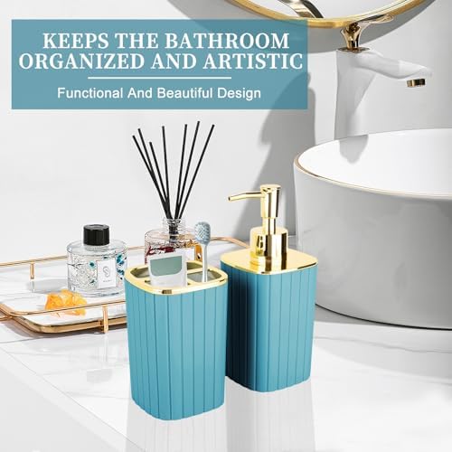 RRM Bathroom Soap Dispenser and Toothbrush Holder Set, Teal Blue