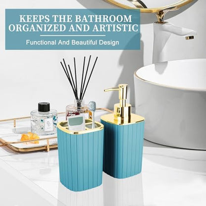 RRM Bathroom Soap Dispenser and Toothbrush Holder Set, Teal Blue
