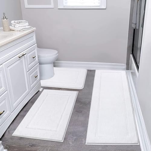Pauwer Bathroom Rugs 3 Piece Set, Non Slip Washable Bath Mat, White