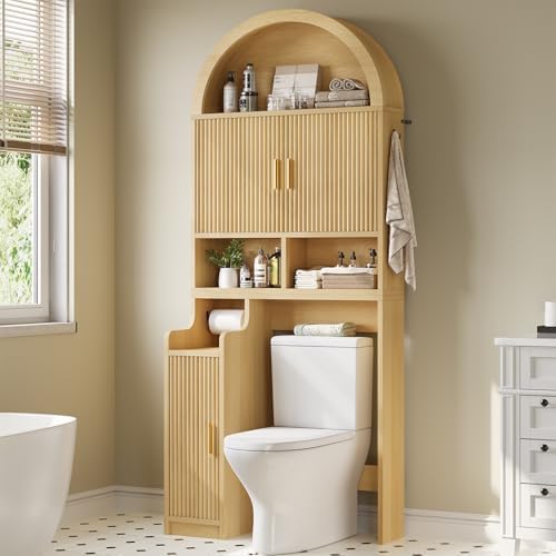 Itaar Arched Over The Toilet Storage Cabinet, 78.7" H Fluted Bathroom Organizer with Reversible Side Cabinet, Adjustable Shelves, Anti-Tipping, Hooks & Paper Holder for Bathroom Laundry Room, Oak