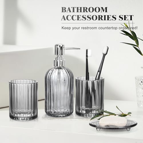 Bathroom Accessories Set, 4Pcs Black Grey Glass Bathroom Accessories Sets Complete Lotion Soap Dispenser, Toothbrush Holder, Mouthwash Cup, Soap Dish for Bathroom Decor, Countertop Organizer